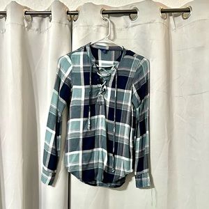 Aeropostale long sleeve, plaid, turquoise and blue, draw string tie neck shirt